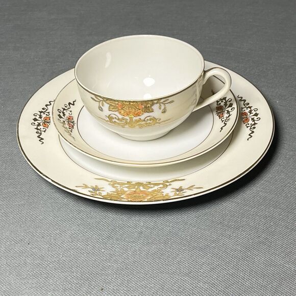 Noritake China Teacup Saucer Luncheon Plate #42200 Floral Gold Embossed - Picture 1 of 15